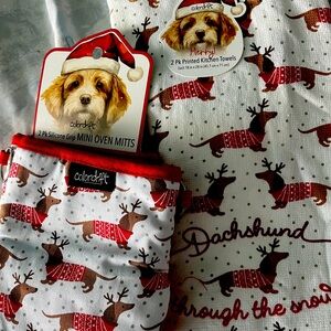 Dachshund through the snow, hand towels, and oven mitts